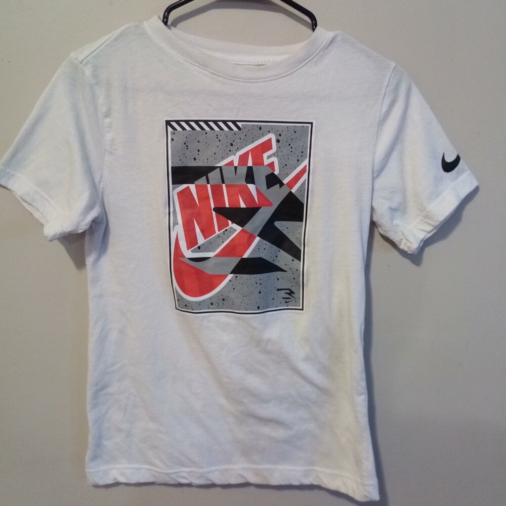 Boys White T-shirt (Large, 12–13 Years) with Multi-Colored Logo – Gently Used